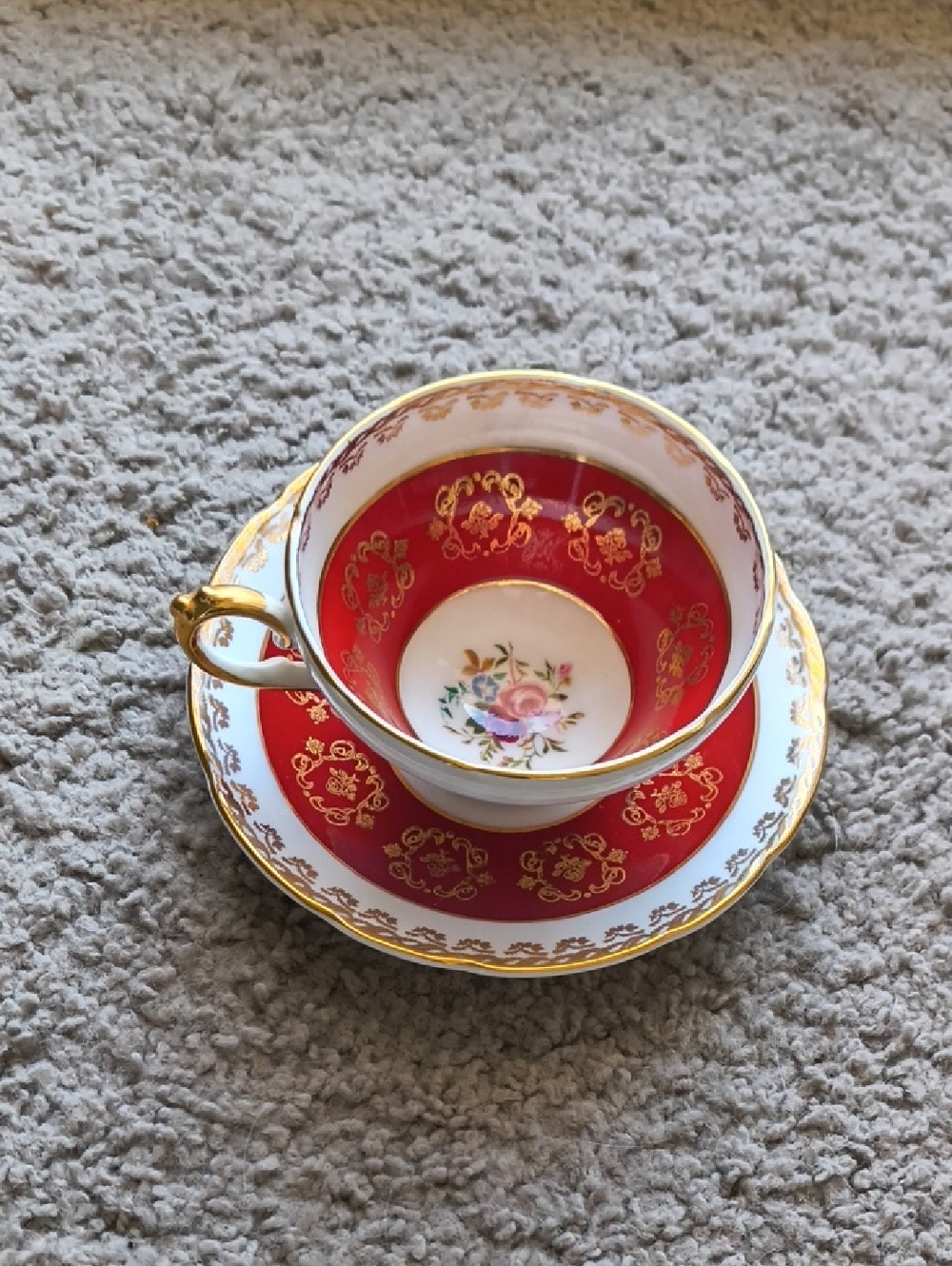 Elegant Red and Gold Floral Porcelain Teacup and Saucer